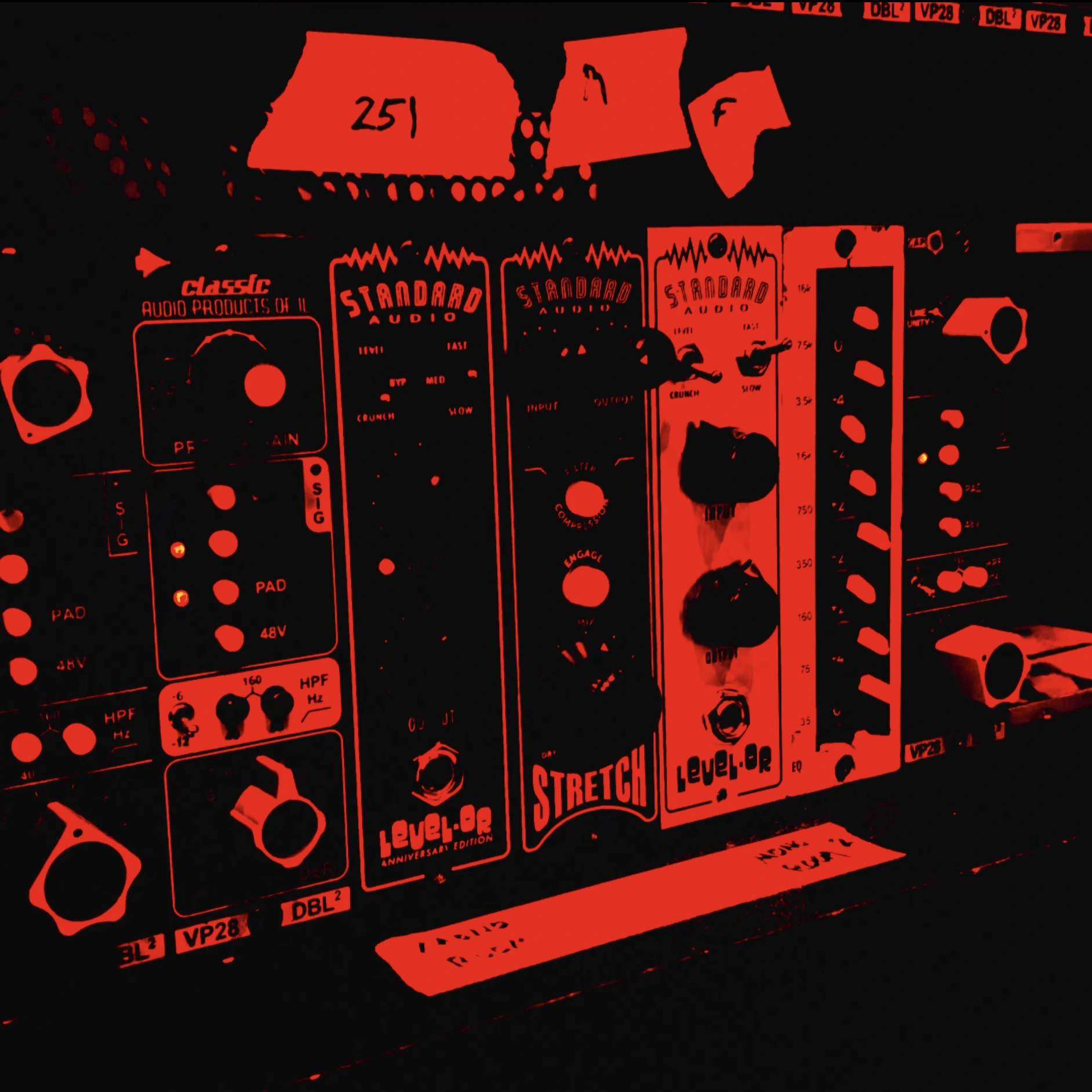 Red-lit Standard Audio preamp and processing rack